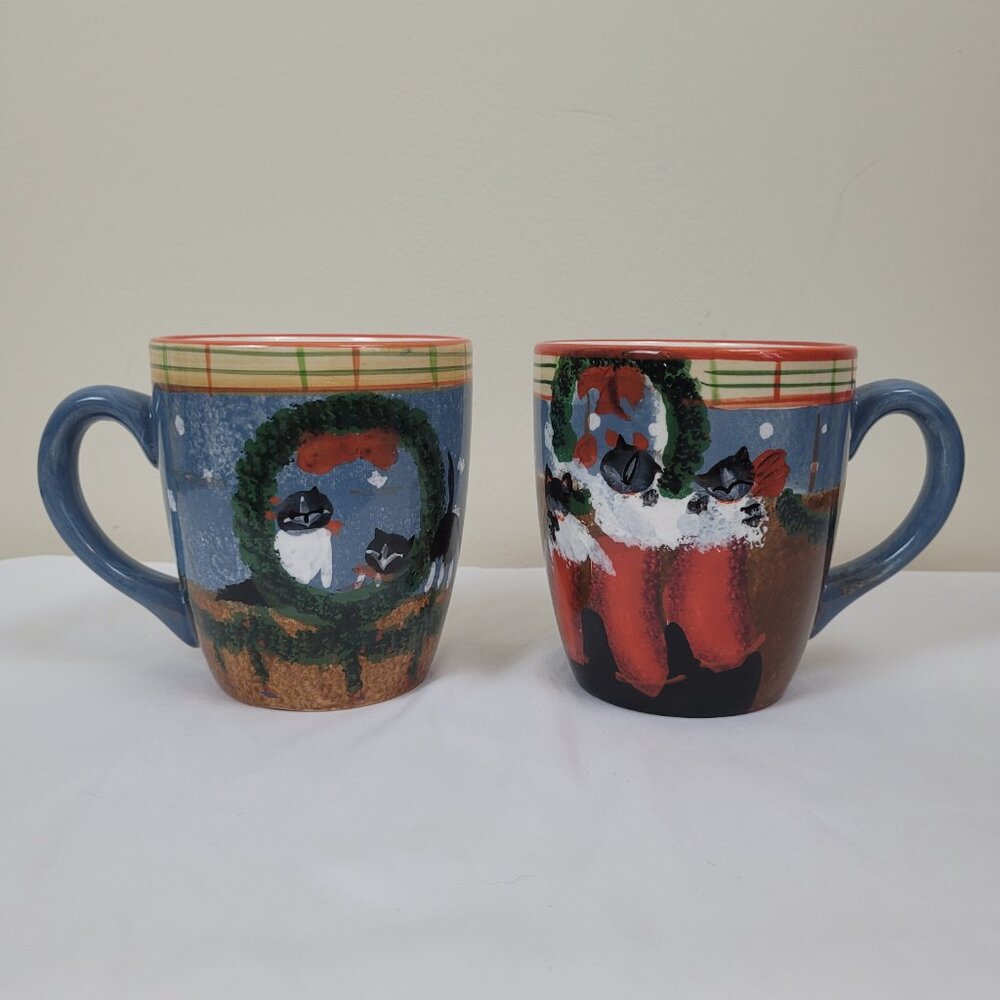 Two Oneida Cat Friends Mugs 20oz, Earthenware Christmas kitten cups Hand Painted
